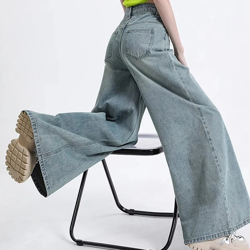 Women High Waist Korean Slacks Wide Leg Jeans Girls Punk 90s Vintage Denim Straight Leg Pants Female Light Blue Baggy Trousers