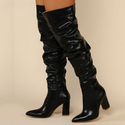 Winter Women Over-the-Knee Boots Punk Style Square High Heel Zipper Shoes Pleated Pointed Toe Ladies Long Booties