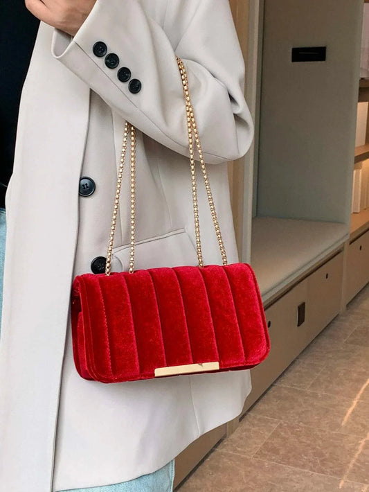 Neon Red Flap Chain Square Bag Velor Leather Fashionable Dating Gift Shoulder & Crossbody Bag With Chain Strap For Women