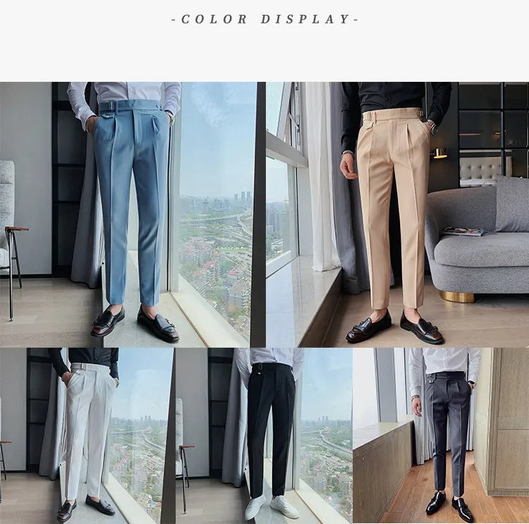 British Style New Solid High Waist Suit Pant Men Business Formal Wear Trousers 2024 High Quality Slim Casual Office Suit Pants