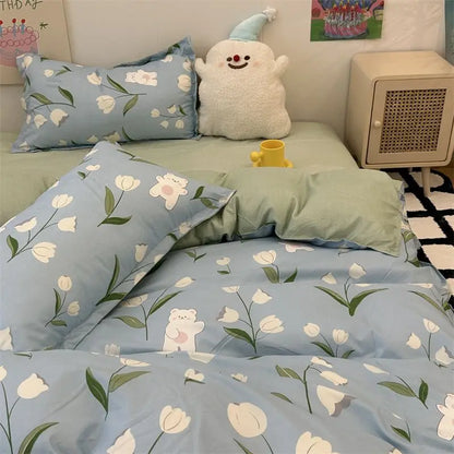 Korean Style Bedding Set Boys Girls Twin Queen Size Duvet Cover Flat Sheet Pillowcase Bed Linen Kids Adult Fashion Home Textile