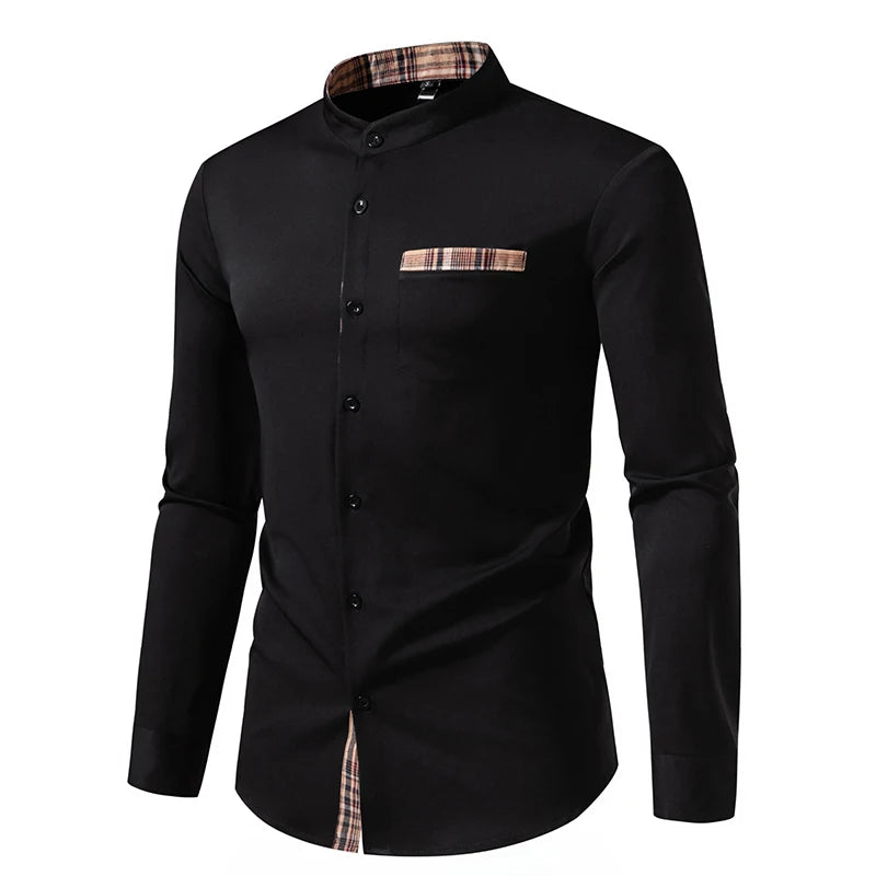 Autumn Fashion Men's Stand Collar Shirt American Style Color Block Long Sleeve Shirts Casual Business Office Dress Blouse Party