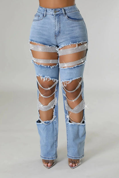 Spice Girl Summer Pants Ripped Heavy Industry Beaded Elastic Jeans Trousers Women JEANS