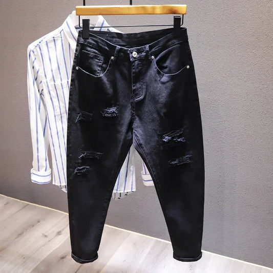 2024 New Style Ripped and Versatile Fashionable Slim Jeans Solid Color Male Streetwear Stretch Comfort Men's Casual Denim Shorts