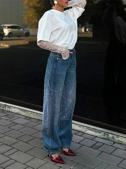 Rhinestone Wide Leg Lady Jeans Diamonds Denim Straigt High Waist Zipper Female Pants 2025 Fashion Pockets Street Lady Trouser