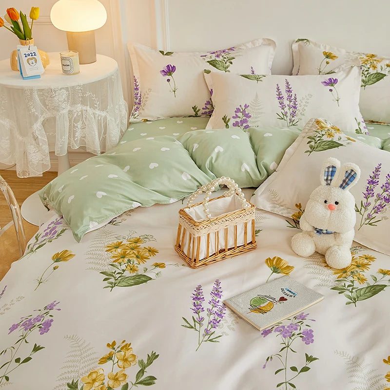 4 Pieces Bedding Set Country Romantic Lavender Flower Duvet Cover Set Purple Yellow Floral Quilt Cover Microfiber Bedspread Set