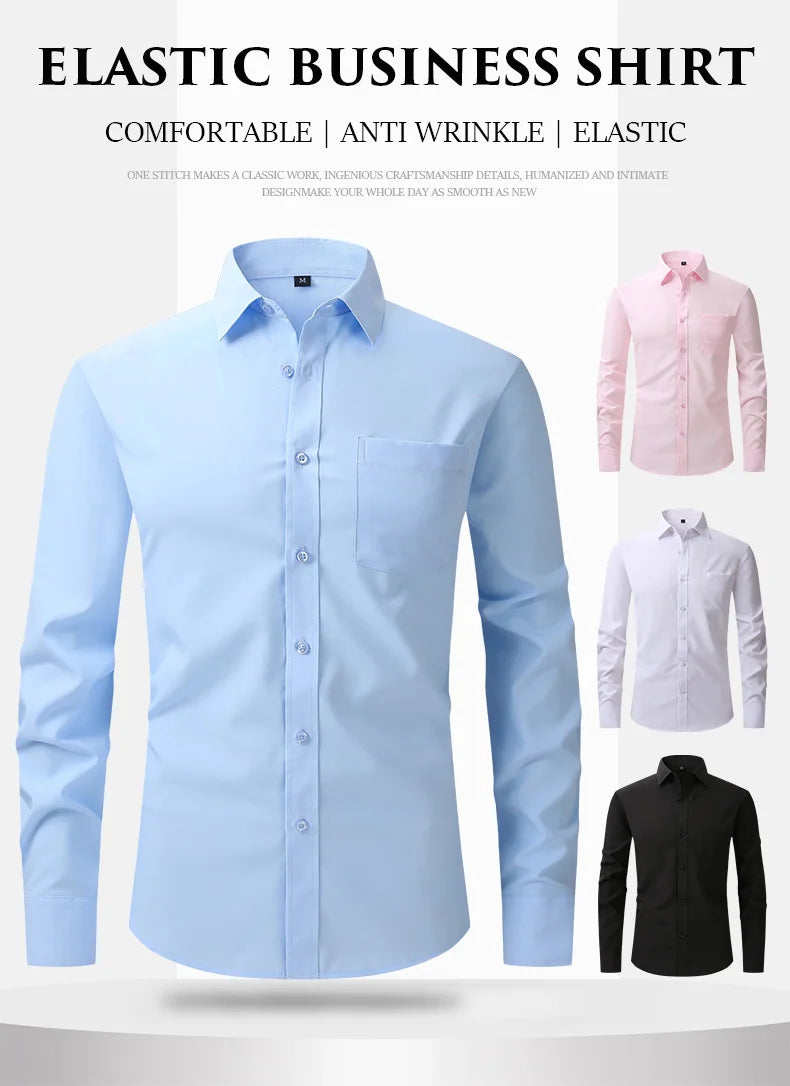 2024 Anti-Wrinkle Stretch Slim Elasticity Fit Male Dress Business Basic Long Sleeved Men Social Formal Shirt USA SIZE S-2XL