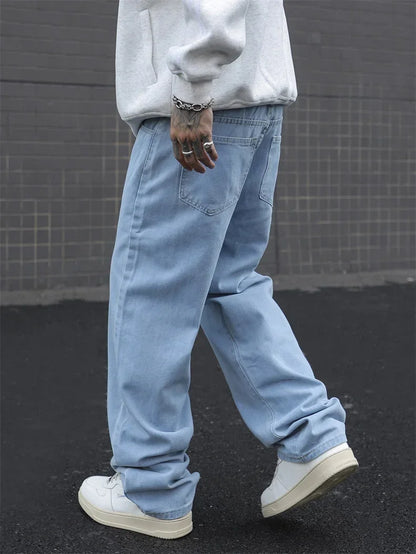 New Men's Cotton Baggy Y2K Jeans Fashion Male Clothes Elastic Waist Washed Wide Leg Pants Solid Straight Loose Denim Trousers