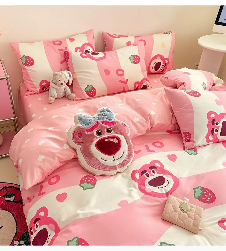 Toy Story Lotso Buzz Lightyear Alien Mickey Stitch Pooh Bear Fun Cartoon Printed Cotton Sheets and Quilt Covers Three Piece Set