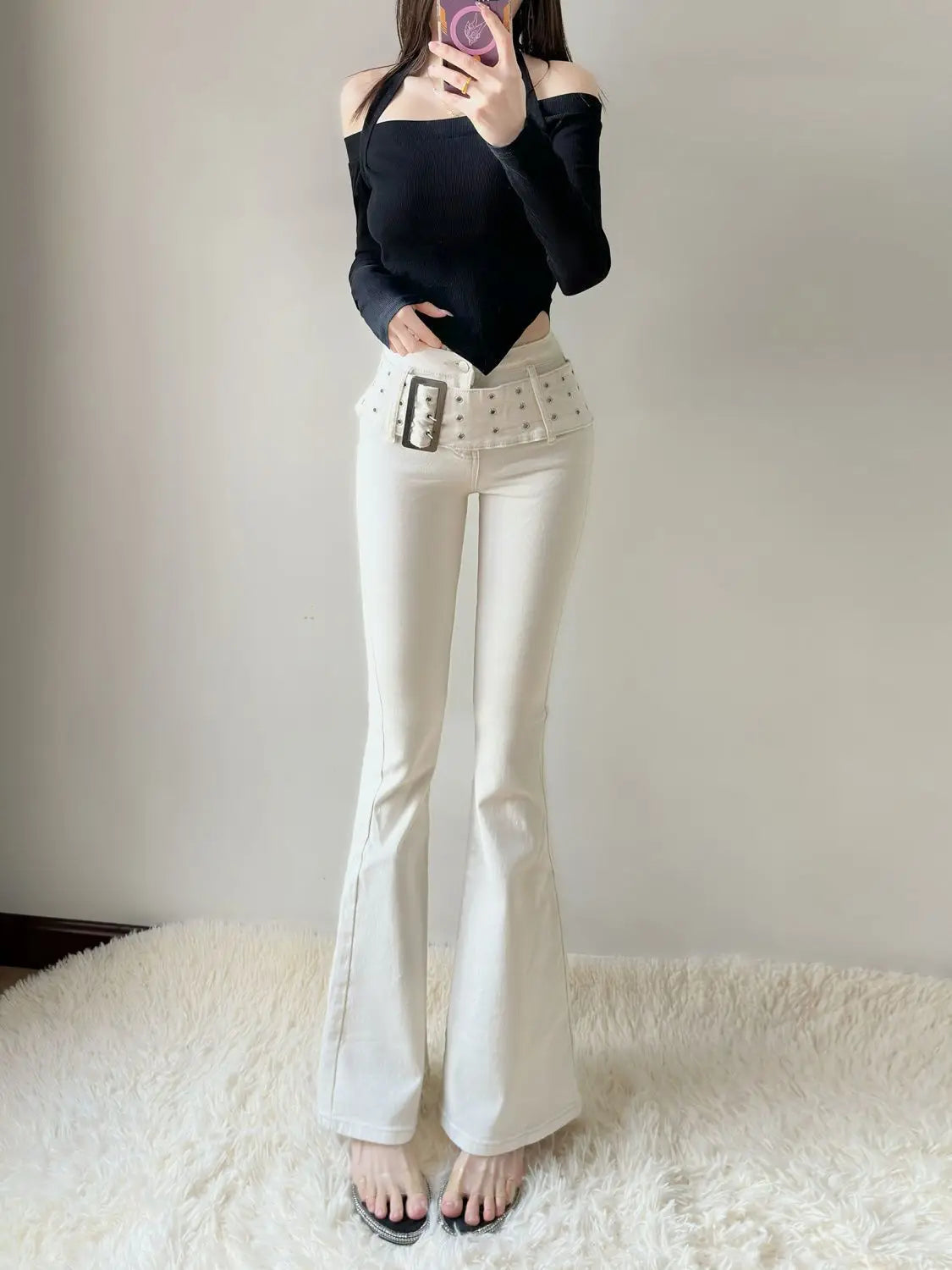 Cowboy Pants for Woman High Waist Shot White Women's Bell Bottom Jeans Flare Trousers on Sale Retro Fashion Casual Stretched A R