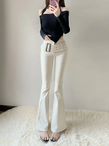 Cowboy Pants for Woman High Waist Shot White Women's Bell Bottom Jeans Flare Trousers on Sale Retro Fashion Casual Stretched A R