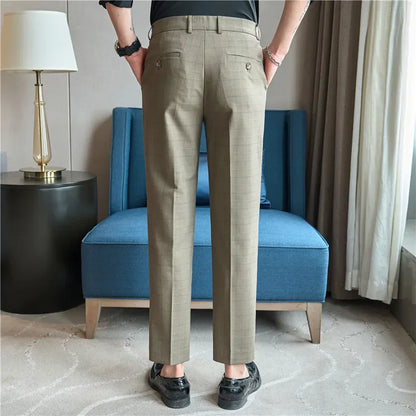 Men Plaid Suit Pants 2024 Autumn Item Solid Casual Dress Pants Elastic Slim Fit Formal Trousers Men Clothing pantalones hombre