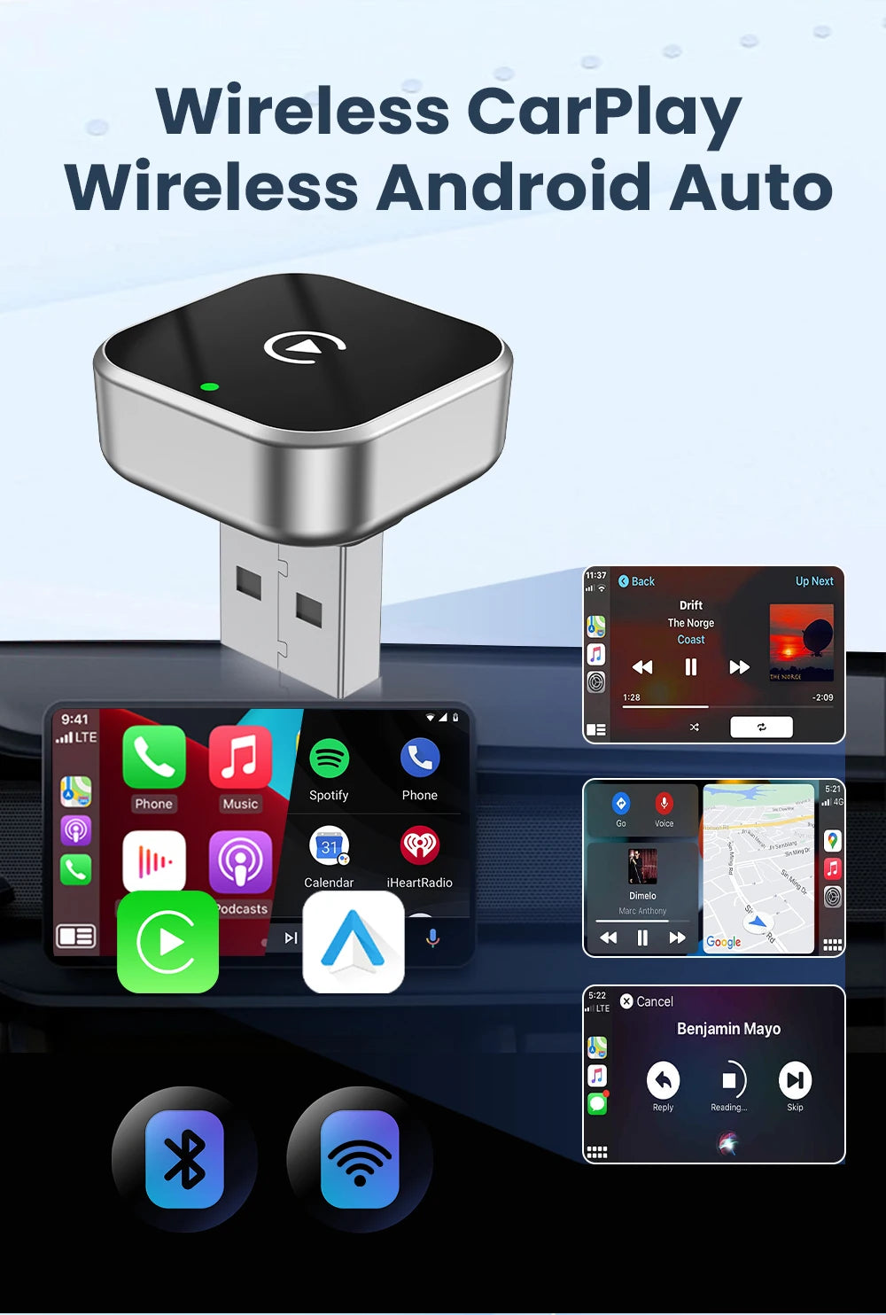 PLAYAIBOX sans fil 2 en 1 CarPlay Android Auto sans fil Supermini Box adaptateur Plug And Play Dongle Bluetooth WiFi connexion rapide