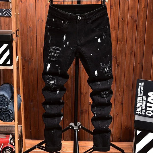 2024 Spring and Autumn New Fashion Trend Retro Ripped Black Stretch Jeans Men's Casual Comfort Straight Leg High Quality Pants