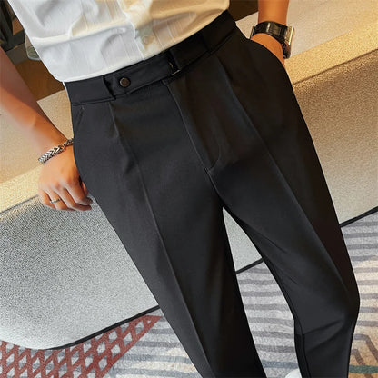 2024 Summer Fashion Belt Design Suit Pant High-waist Solid Color Business Slim Fit Formal Wedding Social Dress Ankle Pants 38-28