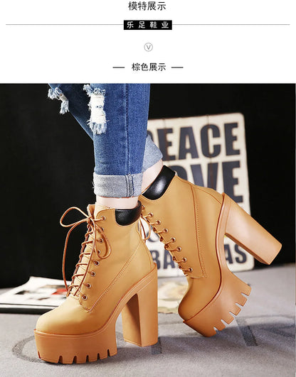 14CM Fashion Motorcycle Boots Women Leather Spring Autumn Metal Buckle High Heels Shoes Zipper brown Ankle Boots Woman Lacing