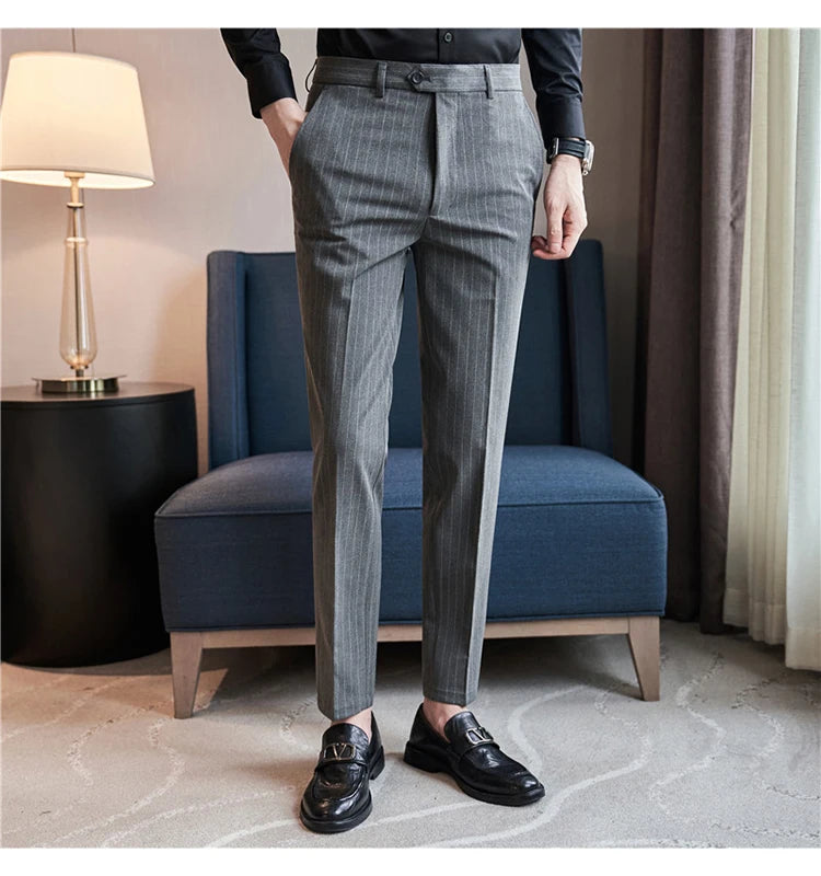 Autumn Winter Thickened Striped Suit Pant Men Business Slim Fit Long Pants Formal Office Social Party Casual Pants Streetwear