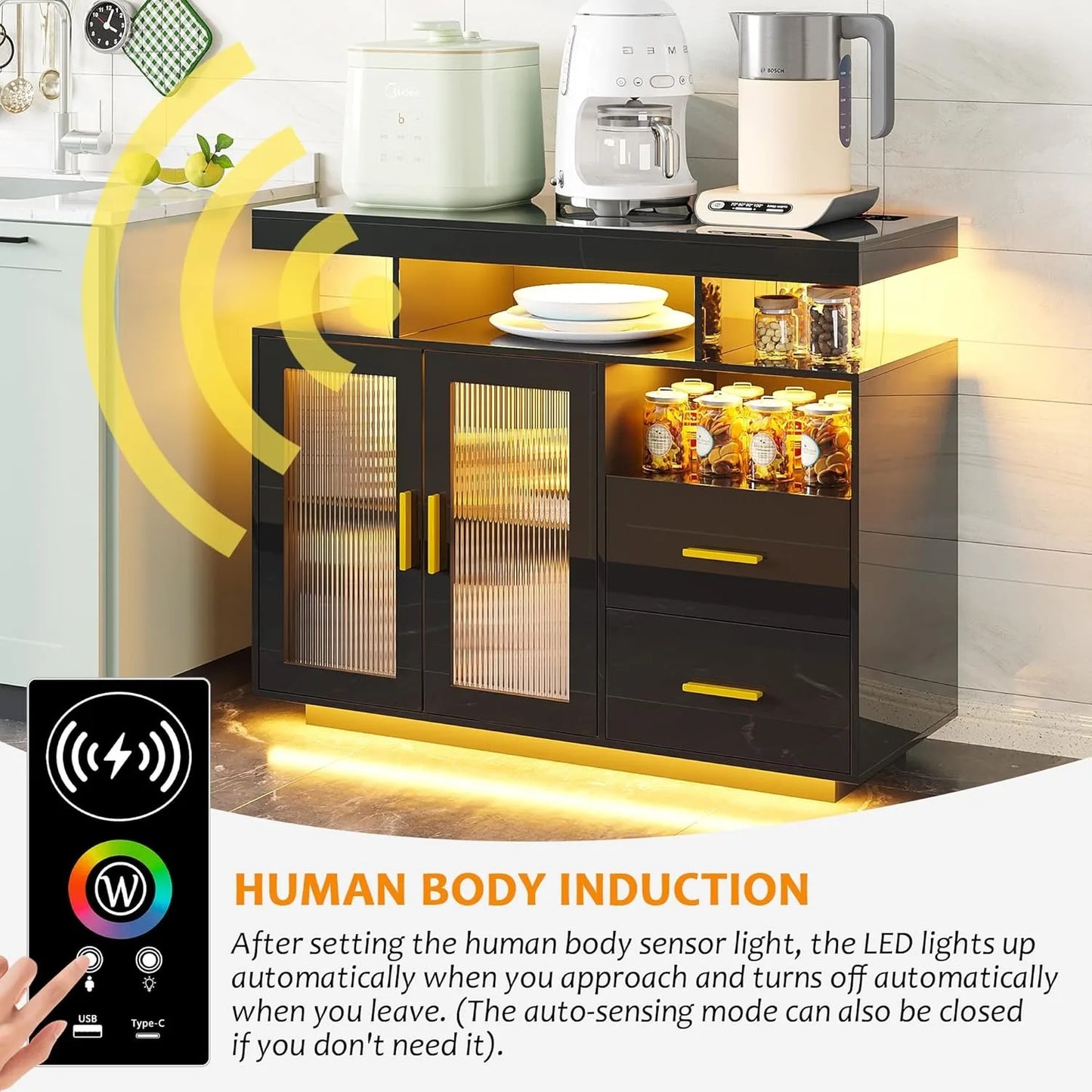 RGB LED Coffee Bar Cabinet with Auto Sensor Lights, High Gloss Sideboard Buffet Cabinet with USB/Type C/Wireless Charger