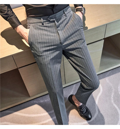 Autumn Winter Thickened Striped Suit Pant Men Business Slim Fit Long Pants Formal Office Social Party Casual Pants Streetwear