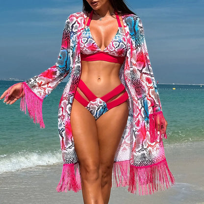 Three Pieces Bikini Set Cover Up Swimwear High Waisted Bikini Set Women's Swimwear Print For Female Bath Suit Tropical