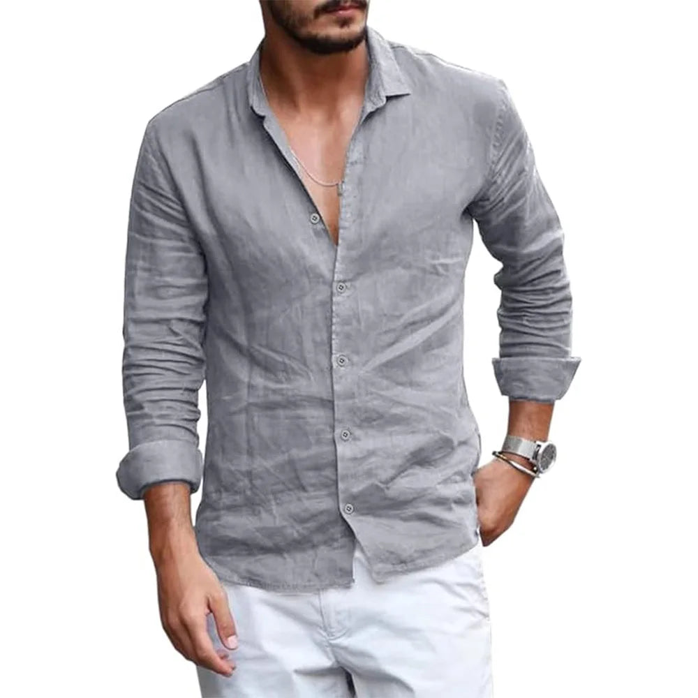 Summer Men Shirt Beach Cotton and Linen Shirts Men Cardigan Tops Long Sleeved Lapel Collar Men Clothing