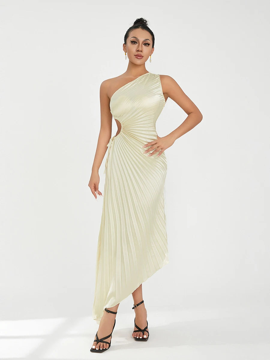 Women Elegant Long Dress Summer Sleeveless One-shoulder Pleated Hollowed Irregular Dress for Cocktail Party Beach Sundress Y2K