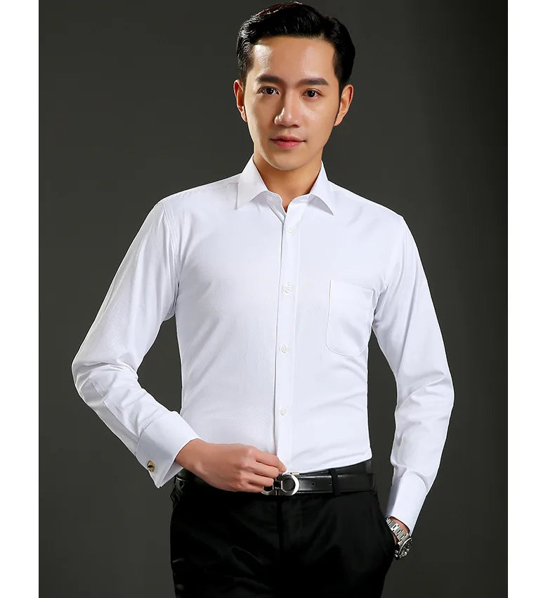 Men's Classic French Cuffs Social Dress Shirt Formal Business Standard-fit Long Sleeve Wedding Party Office Work White Shirts