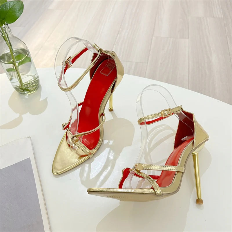 Liyke Fashion Design Metal Decoration Narrow Band Women Sandal High Heels Sexy Pointed Open Toe Wedding Banquet Shoes Size 35-41