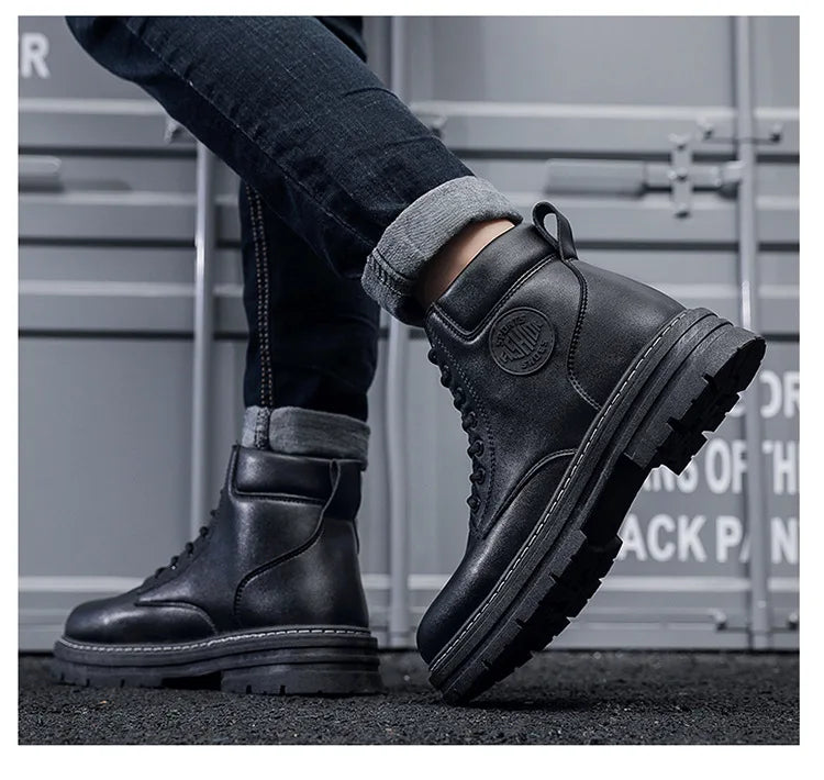 Men's Boots Autumn New High Top Workwear Boots British Style Korean Version Thick Soled Lace Up Anti Slip Warm Waterproof Boots