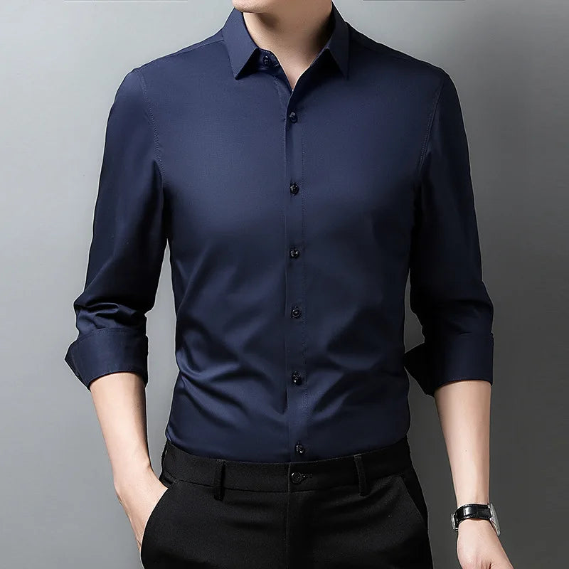 Men's Casual Fashion Business Solid Color Long Sleeved Shirt