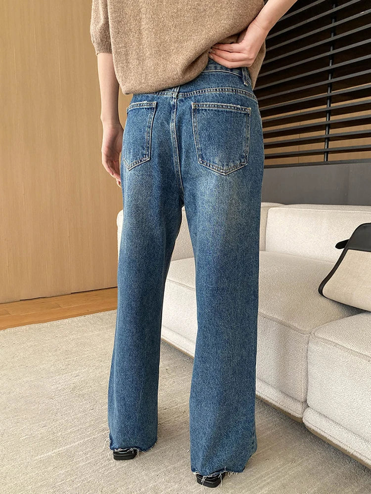 [LANMREM] Rough Edge Design Jeans Women High Waist Straight Wide Leg Denim Trousers Office Lady Clothing 2025 Autumn New 26C168