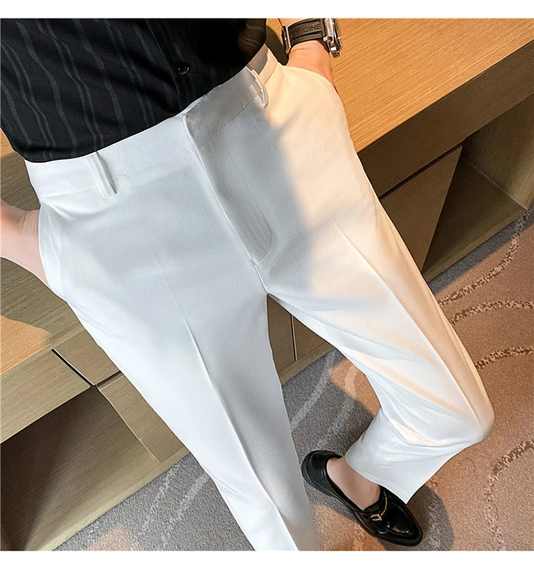 9 Color Summer Fashion Mens Suit Pants Pure Color Business Formal Pants Slim Fit Office Mens Wedding Social Ankle Long Trousers