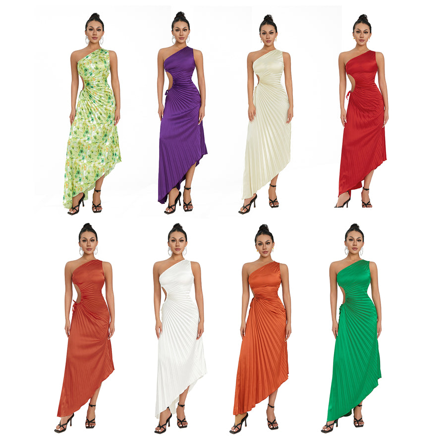 wsevypo Women's Off One Shoulder Party Long Dresses Evening Vestidos Vintage Sleeveless Hollowed Out Drawstring Pleated Dress