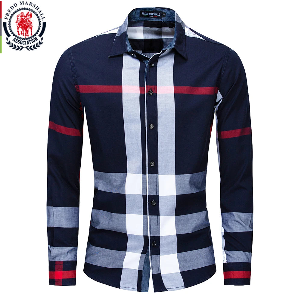 Fredd Marshall 2023 New Fashion Random Plaid Shirt Men Long Sleeve Casual Business Shirts Tops 100% Cotton Chemise Homme 199