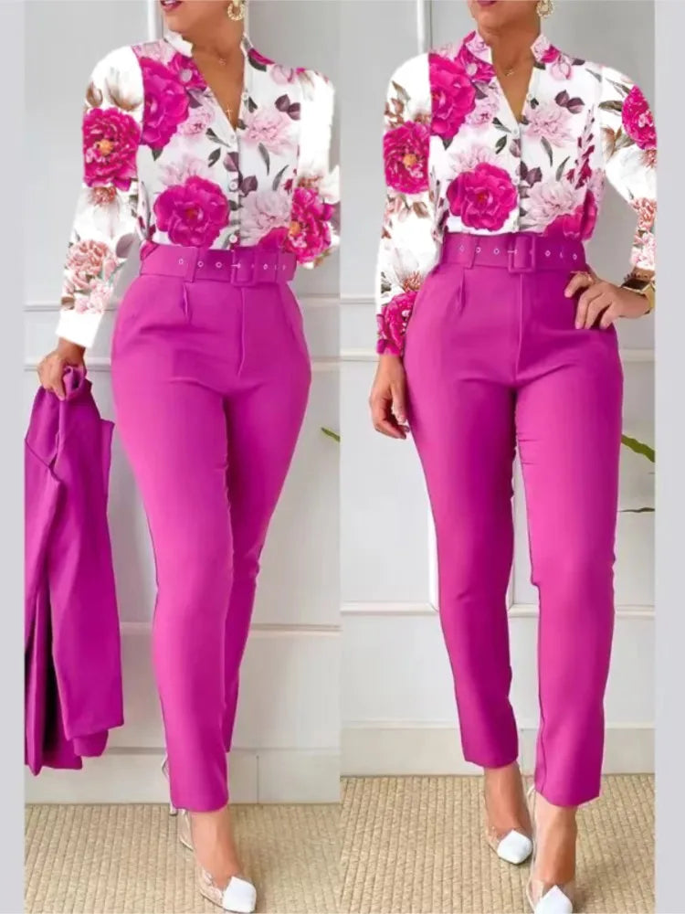 Elegant Women Two Piece Set Suits Fall New Fashion Print Long Sleeve Top Solid Color Pants Set With Belt  Blouses Female Clothes