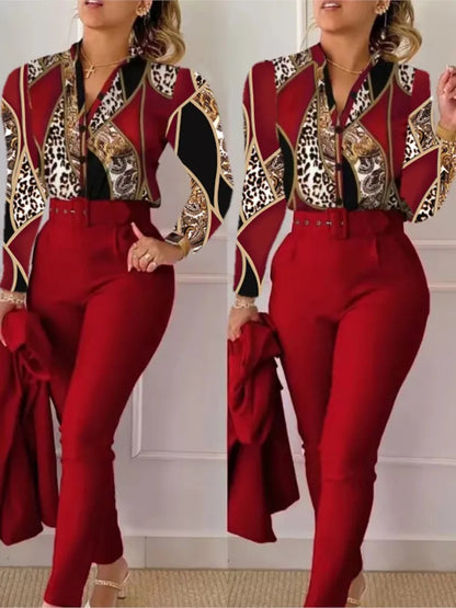 Elegant Women Two Piece Set Suits Fall New Fashion Print Long Sleeve Top Solid Color Pants Set With Belt  Blouses Female Clothes