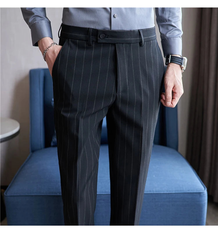 Men's Striped Suit Pants Elastic 2024 Autumn New Social Casual Trousers Slim Fit Suit Pants Business Office Wedding Men Clothing