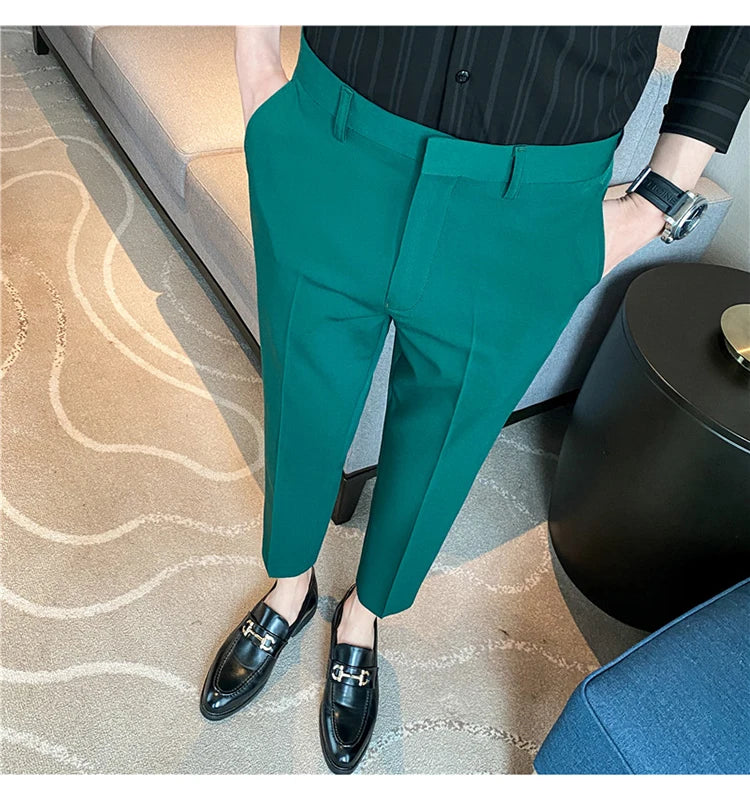 9 Color Summer Fashion Mens Suit Pants Pure Color Business Formal Pants Slim Fit Office Mens Wedding Social Ankle Long Trousers