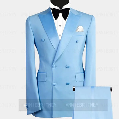 Sky Blue Double Breasted Elegant Men Suit Formal Groom Tuxedo Prom Slim Fit Blazer High Quality Custom 2 Piece Set Costume Homme