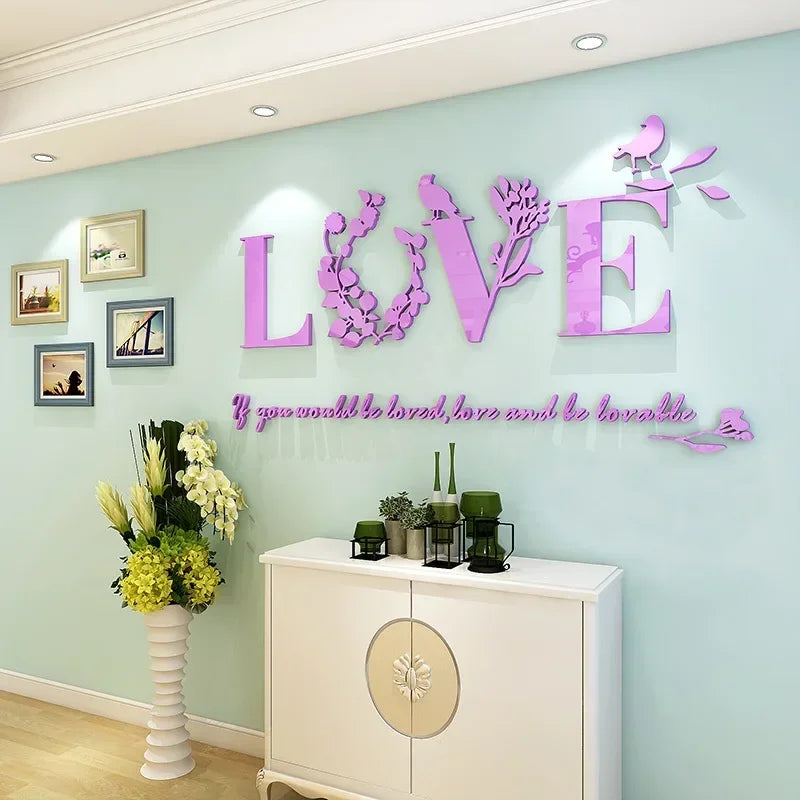 Love 3D Mirror Wall Stickers Acrylic Pink Purple TV Background Bedroom Bedside Stickers Wedding Room Home Decoration