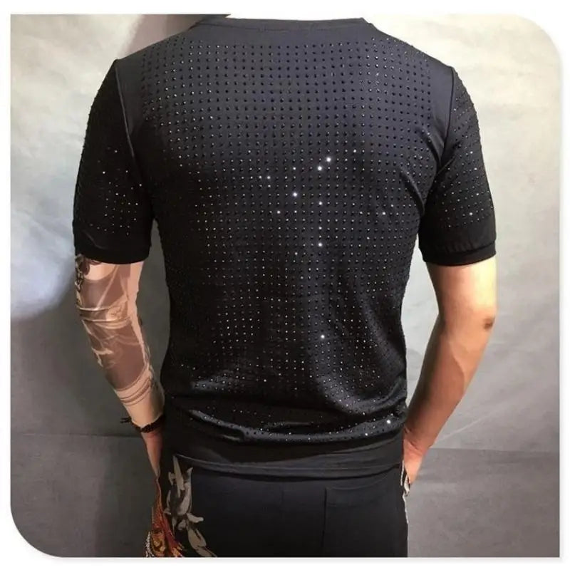 Summer High Quality New  Shiny Round Neck Pure Cotton Slim Heavy Industry Classic Full Diamond Short Sleeve T-Shirt Men