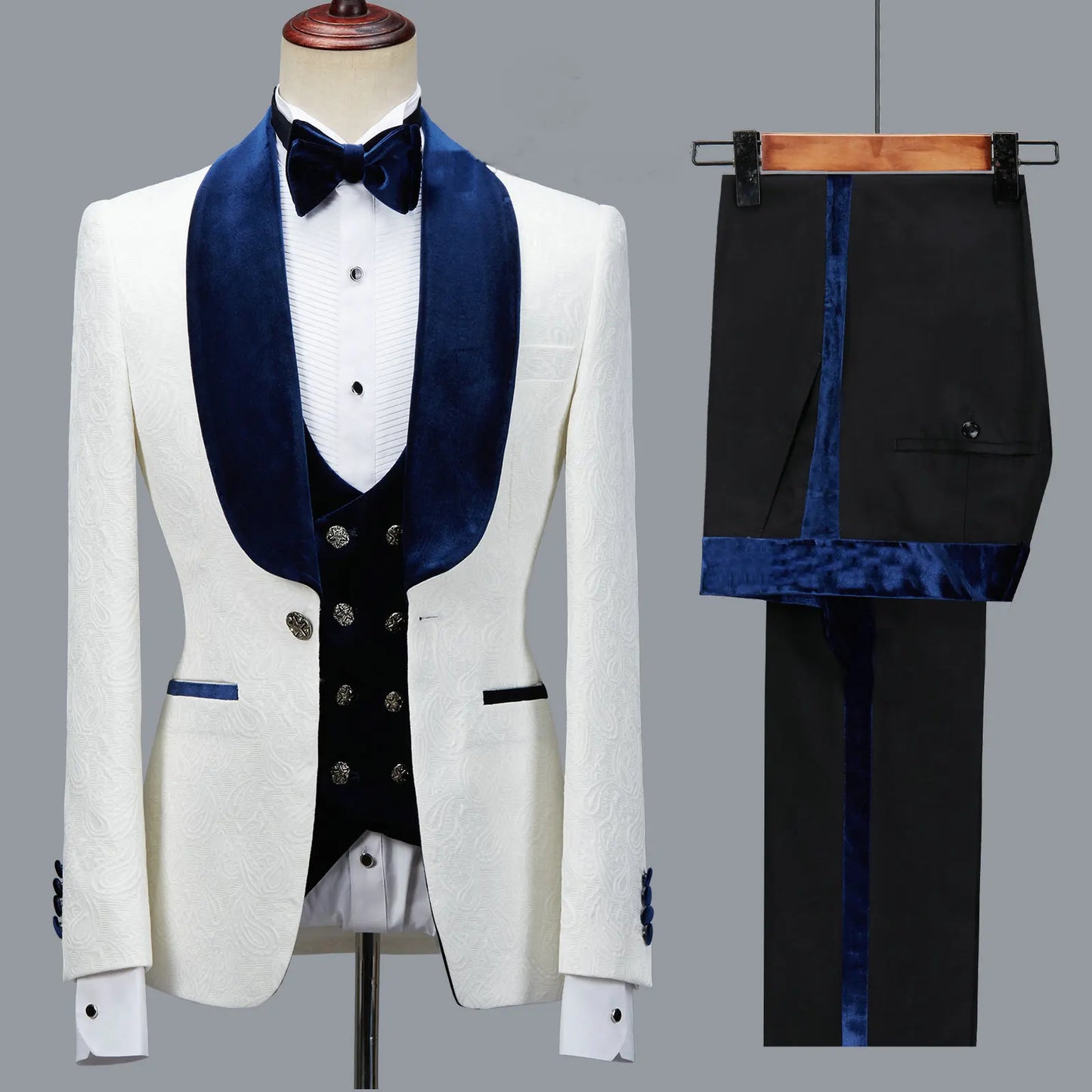 Floral Jacket Men Suit Slim Fit Wedding Tuxedo Navy Blue Velvet Lapel Groom Party Suits Costume Homme Best Man Blazer