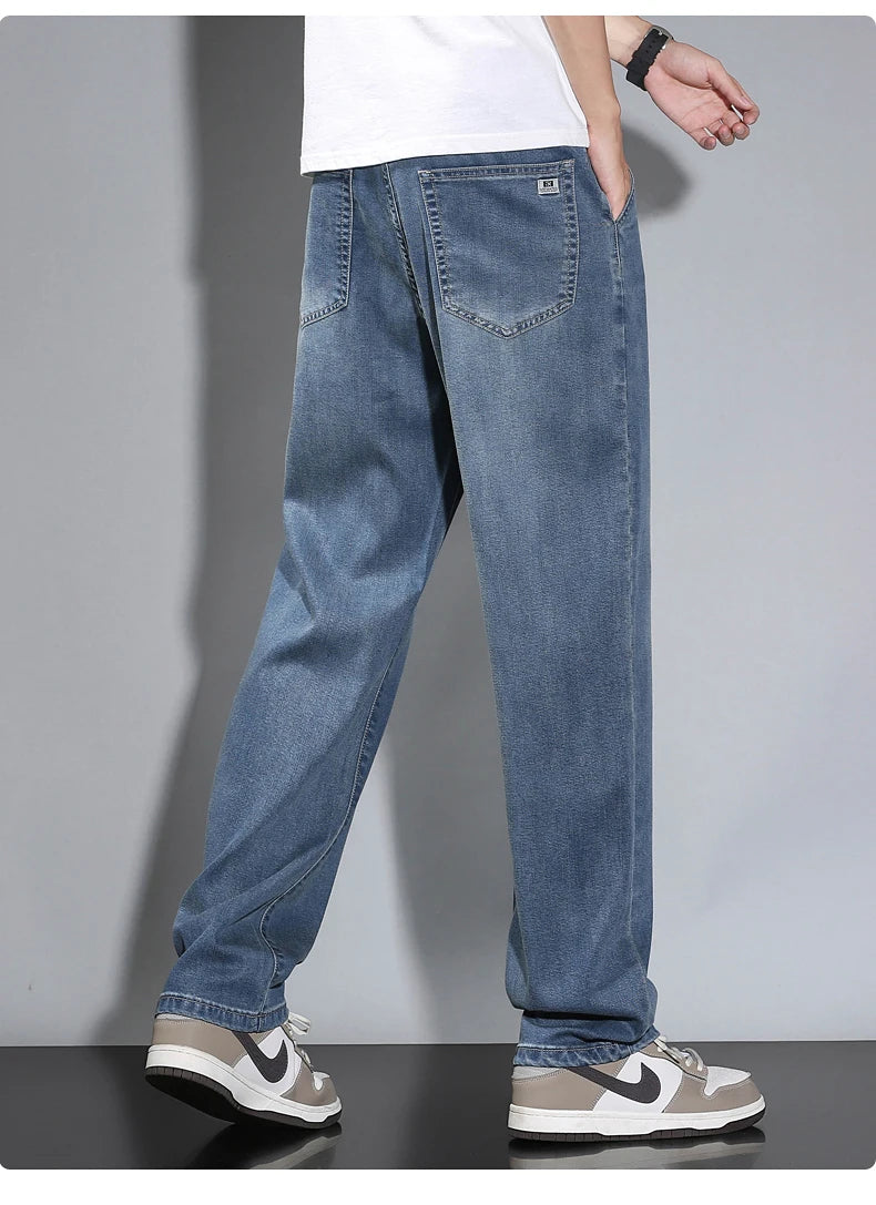 Summer Thin Men's Straight Loose Gray Jeans Soft Fabric Lyocell Fabric Light Colored Casual Pants Male Brand Trousers