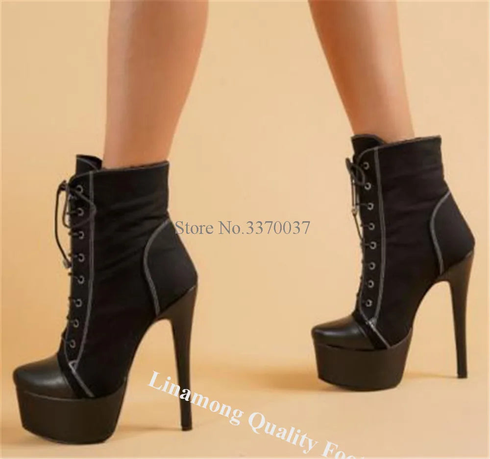 White-black High Platform Short Boots Linamong Western Style Round Toe Lace-up Stiletto Heel Ankle Booties Sexy Casual High Heel