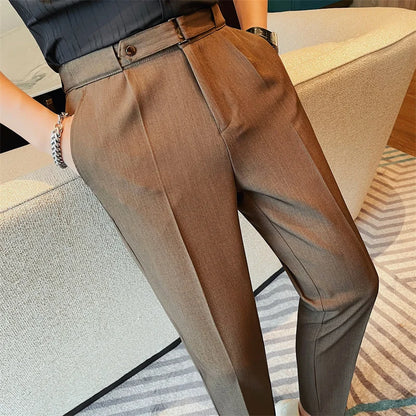 2024 Summer Fashion Belt Design Suit Pant High-waist Solid Color Business Slim Fit Formal Wedding Social Dress Ankle Pants 38-28