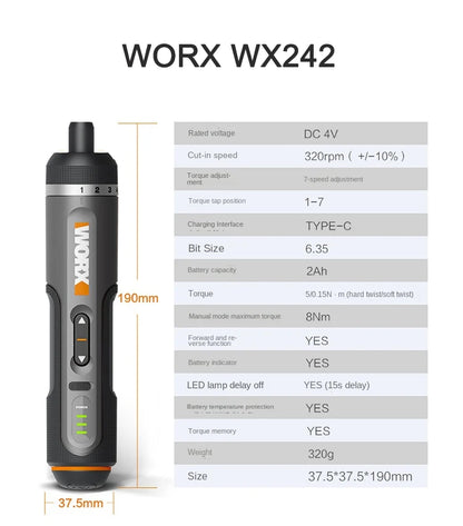 Worx 4V Mini Electrical Screwdriver Set WX242 WX241 WX240 Smart Cordless Electric Screwdrivers USB Rechargeable Hand Drill Tools