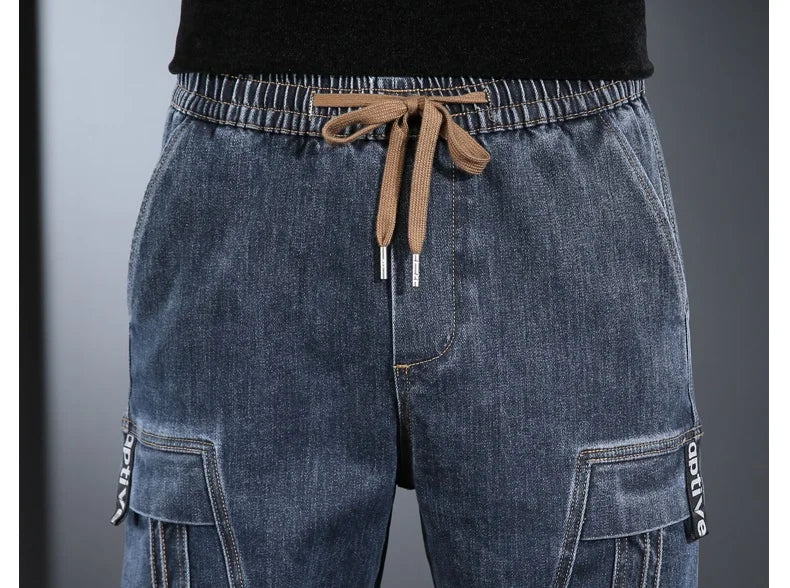 Autumn Jeans Men Baggy Cargo Pants Streetwear Hip Hop Casual Blue Gray Elastic Waist Denim Trousers CP2013