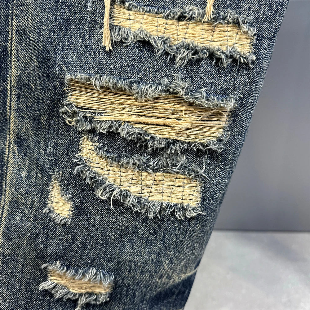 Mens Ripped Baggy Jeans Distressed Denim Streetwear Skateboard Pants Straight Leg Patchwork Oversized Urban Fashion Workwear