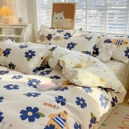 Cute Home Comforter Bedding Sets Washed Cotton Duvet Cover Flat Bed Sheet Set Twin Full Queen King Size Bed For Girls Couple