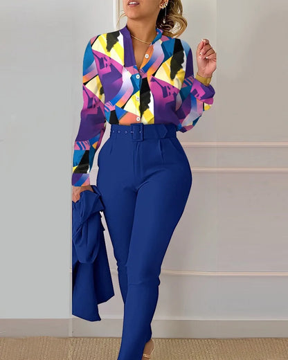 Elegant Women Two Piece Set Suits Fall New Fashion Print Long Sleeve Top Solid Color Pants Set With Belt  Blouses Female Clothes